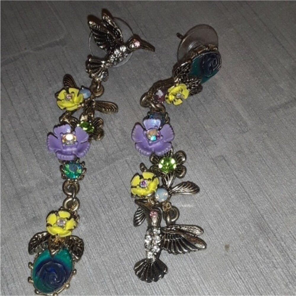 Rhinestone Flower VTG Hummingbird Dangle Earrings - Picture 4 of 4